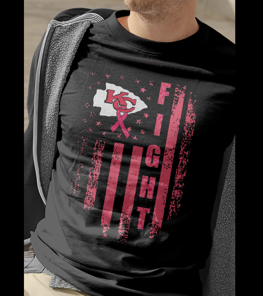 Fight Kc Chiefs Pink Ribbon American Flag T-Shirt