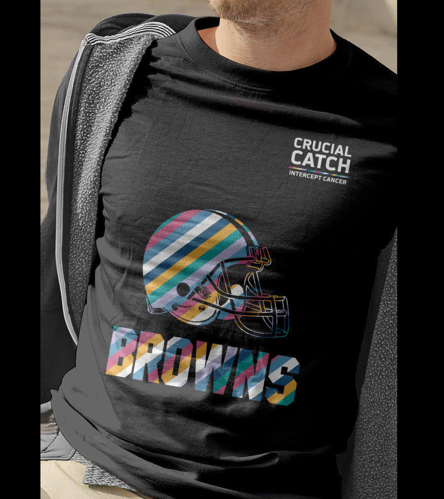 Browns Crucial Catch Intercept Cancer Helmet Stripes T-Shirt