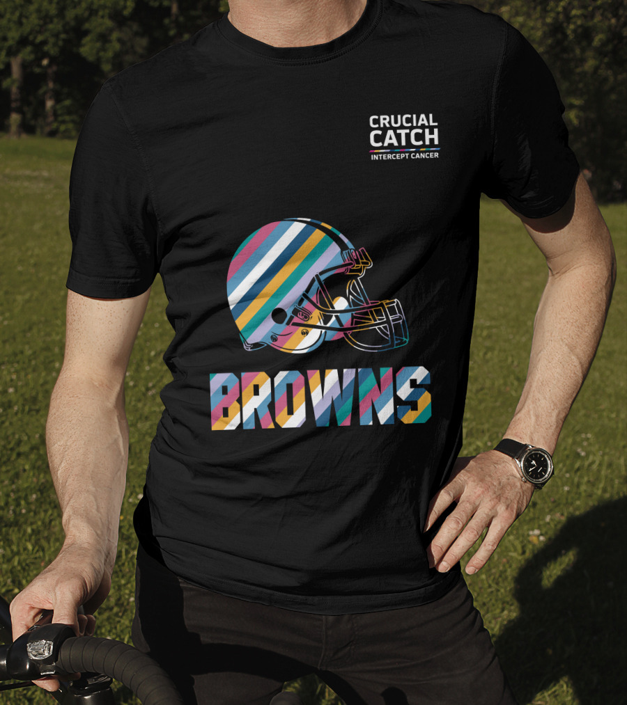 Browns Crucial Catch Intercept Cancer Helmet Stripes T-Shirt
