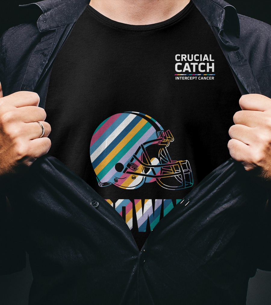 Browns Crucial Catch Intercept Cancer Helmet Stripes T-Shirt