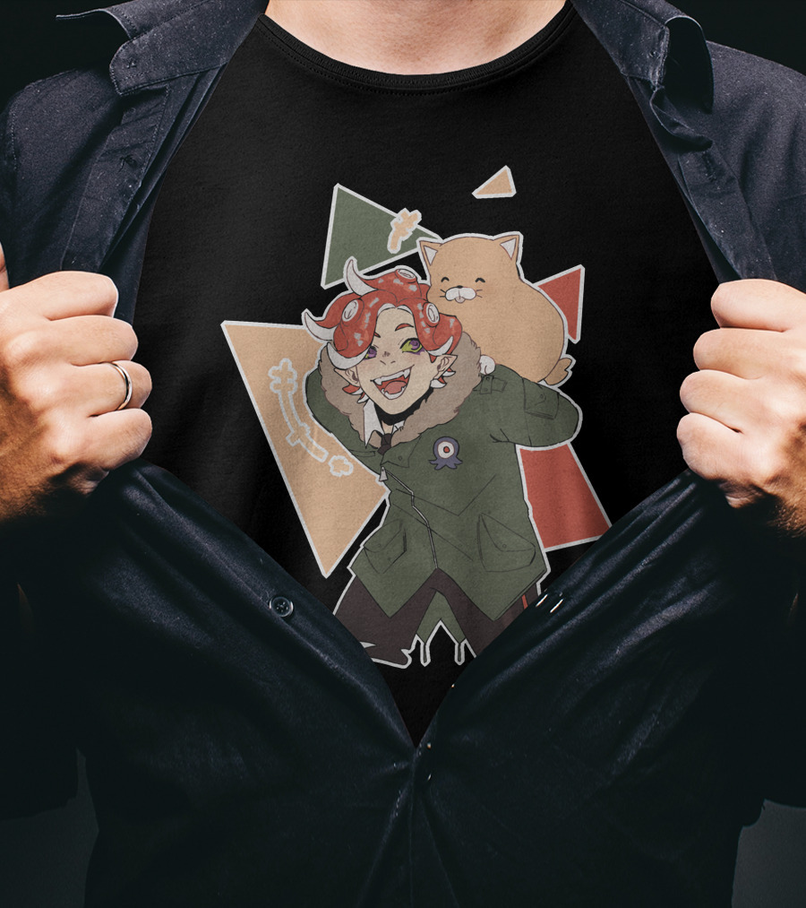 Piggyback Cute Demon With Cat Companion And Colorful Shapes T-Shirt