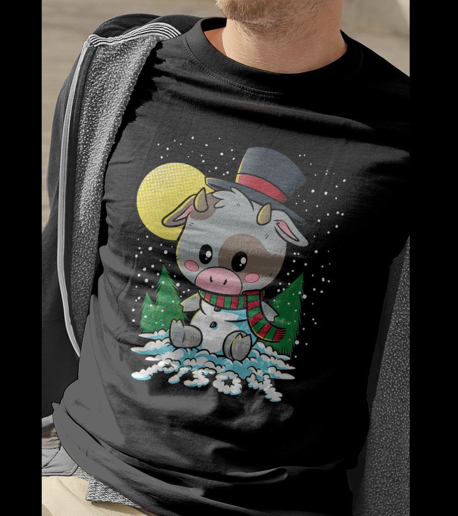 Piso4 Cute Cow In Snow With Top Hat And Scarf Winter Scene T-Shirt