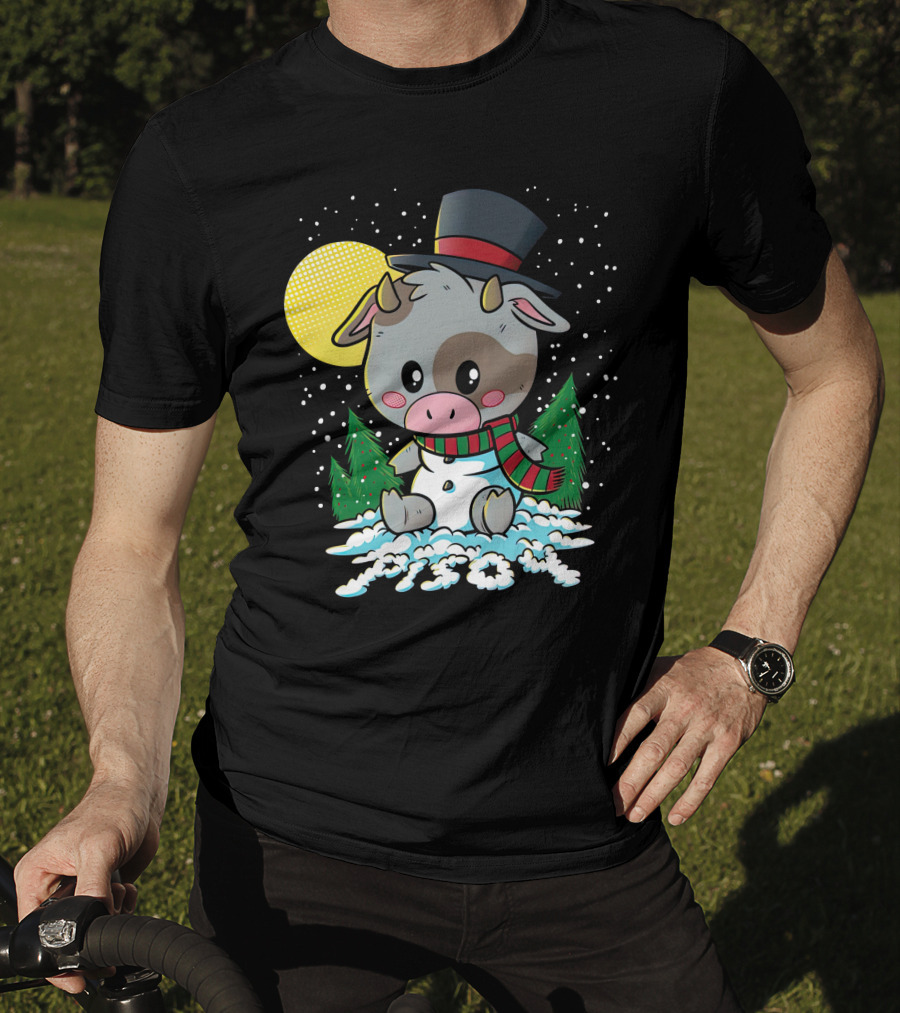 Piso4 Cute Cow In Snow With Top Hat And Scarf Winter Scene T-Shirt