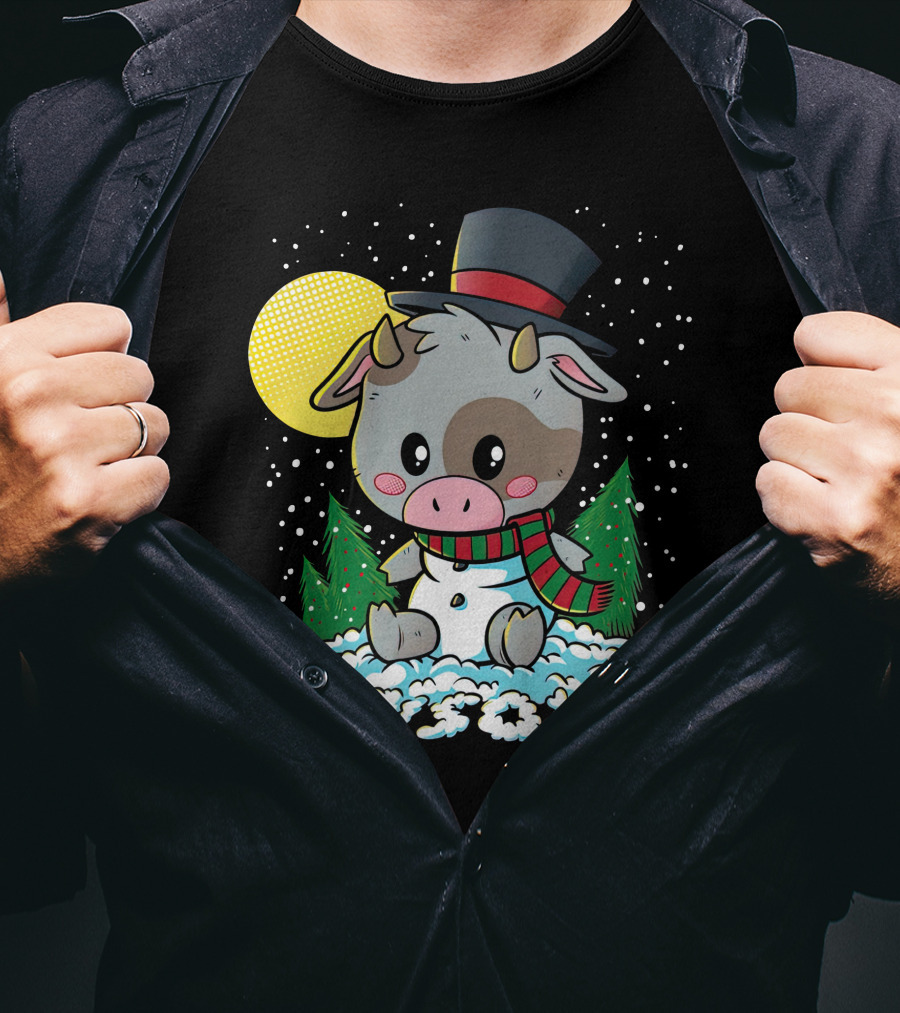 Piso4 Cute Cow In Snow With Top Hat And Scarf Winter Scene T-Shirt