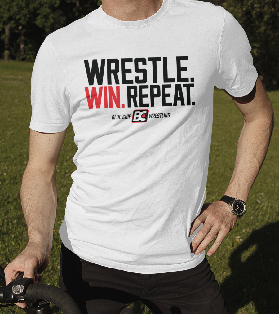 Wrestle Win Repeat Blue Chip BC Wrestling T-Shirt