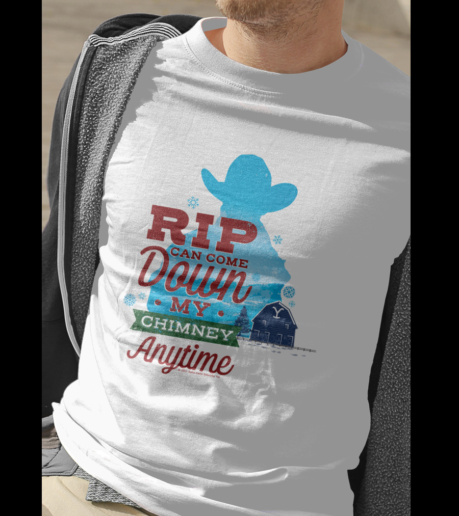 Rip Can Come Down My Chimney Anytime Blue Cowboy Silhouette Snowflakes Barn T-Shirt