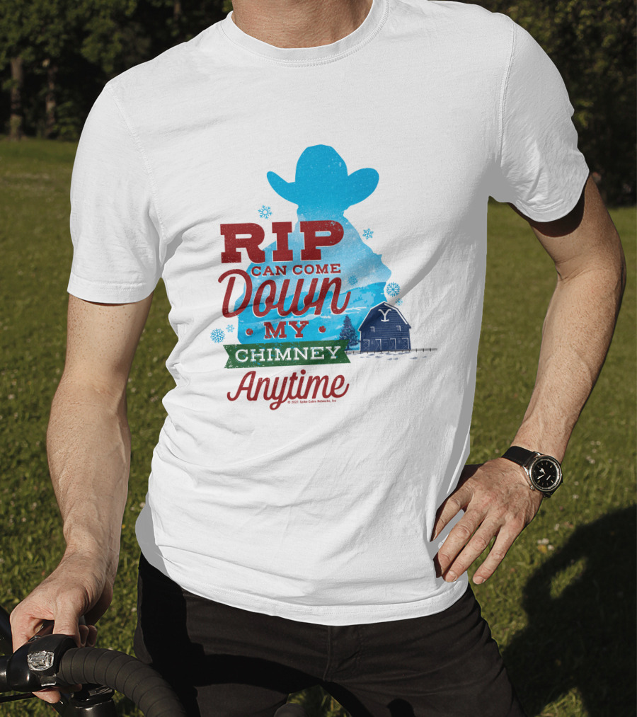 Rip Can Come Down My Chimney Anytime Blue Cowboy Silhouette Snowflakes Barn T-Shirt