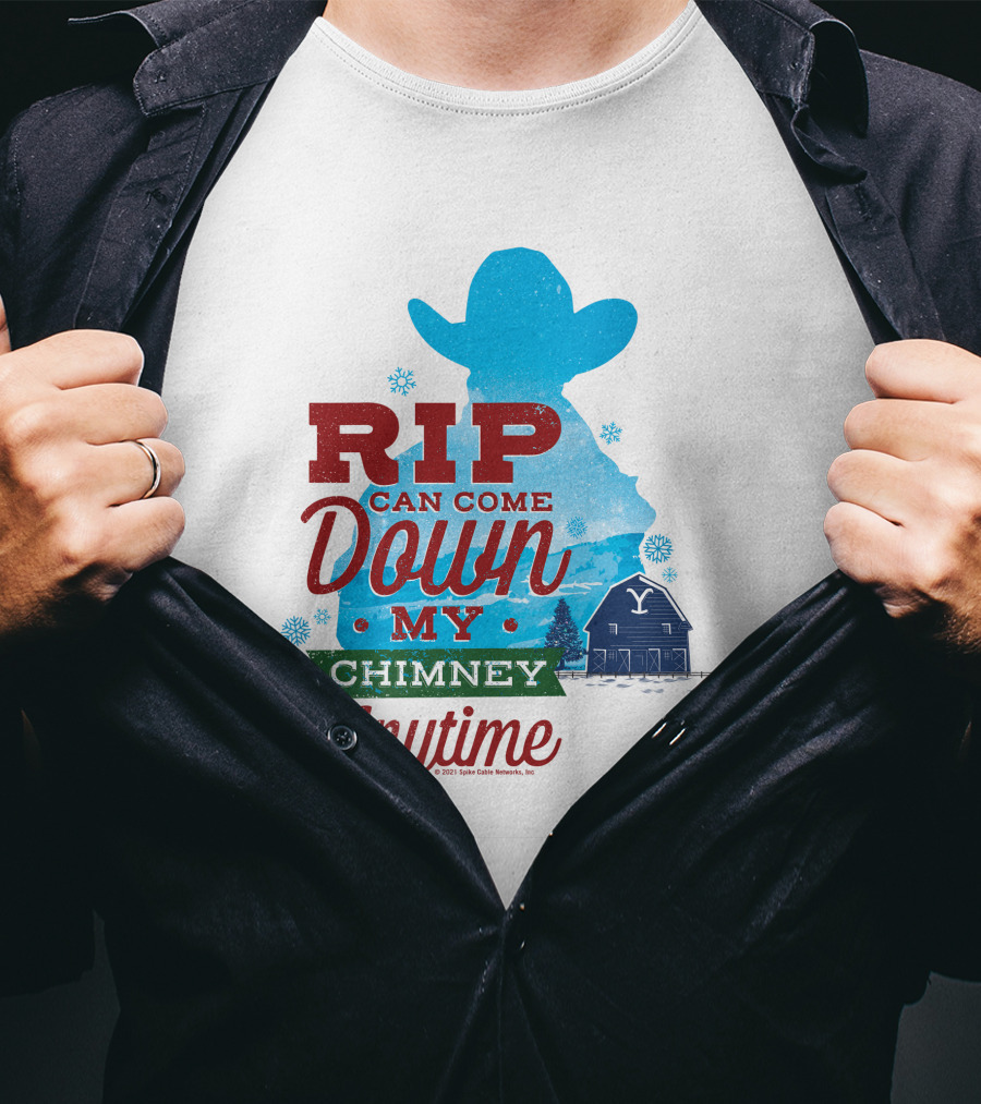 Rip Can Come Down My Chimney Anytime Blue Cowboy Silhouette Snowflakes Barn T-Shirt