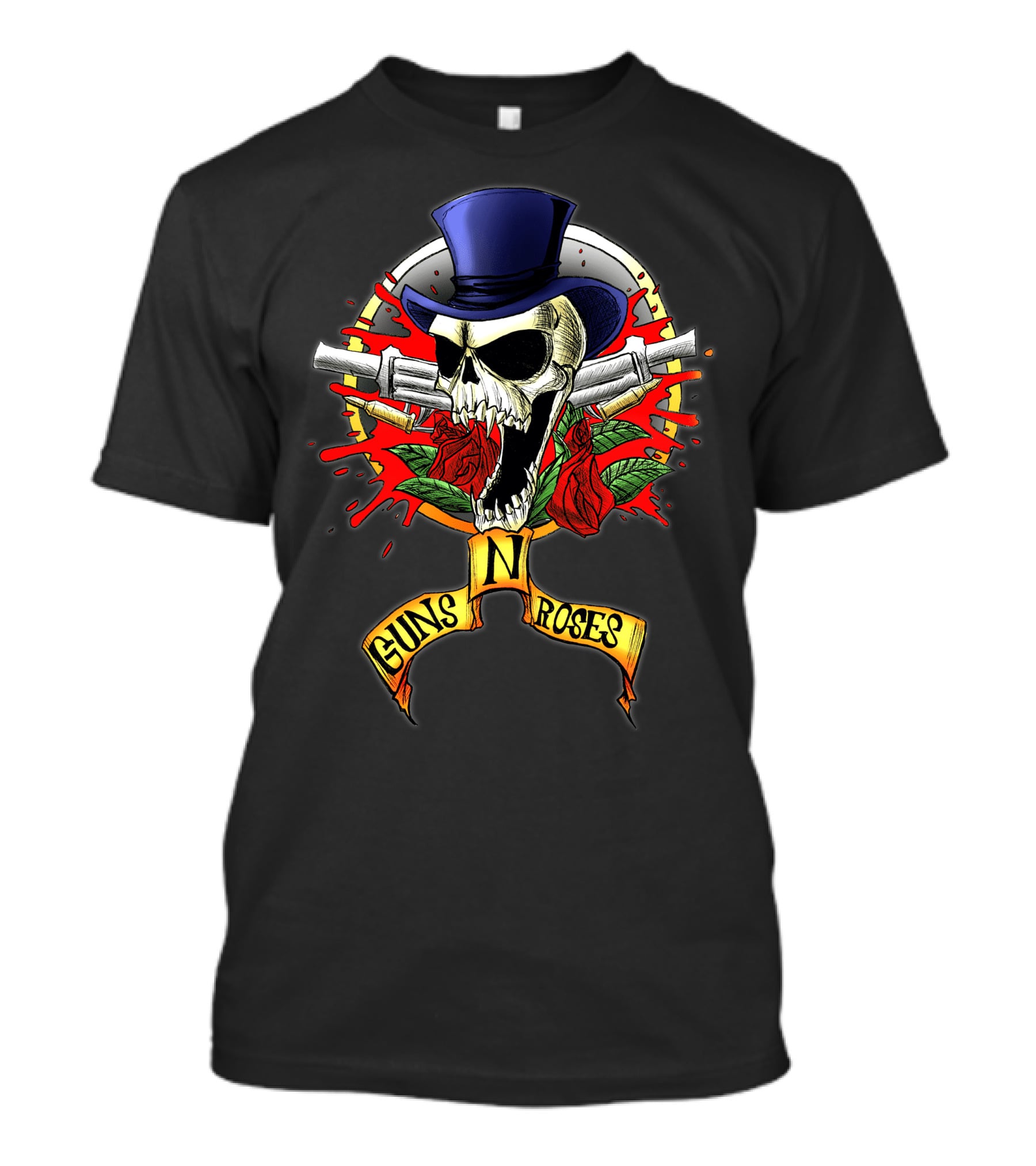 Guns N' Roses Skull With Top Hat Crossed Pistols And Red Roses T-Shirt