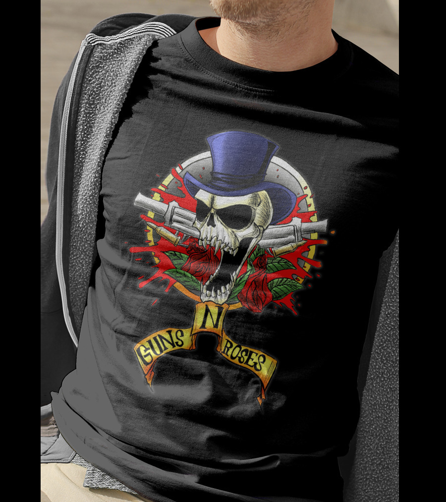 Guns N' Roses Skull With Top Hat Crossed Pistols And Red Roses T-Shirt