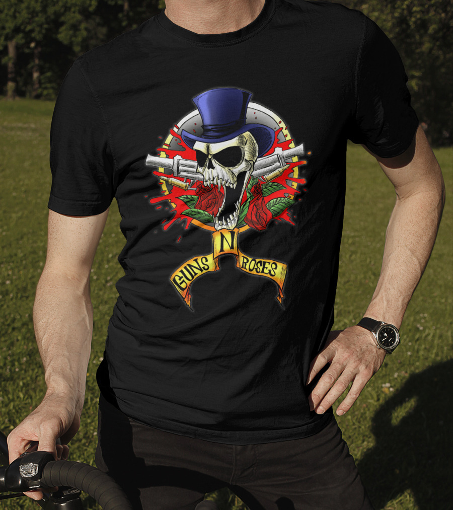 Guns N' Roses Skull With Top Hat Crossed Pistols And Red Roses T-Shirt
