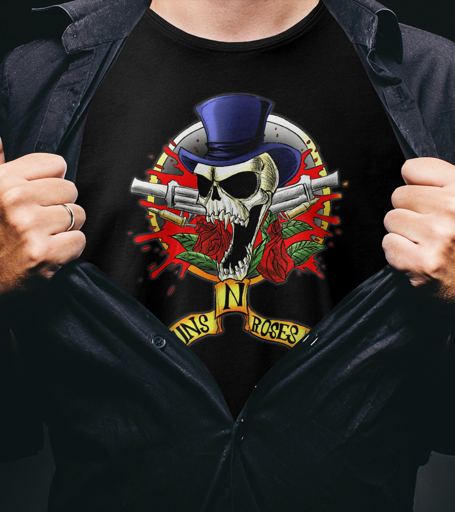 Guns N' Roses Skull With Top Hat Crossed Pistols And Red Roses T-Shirt