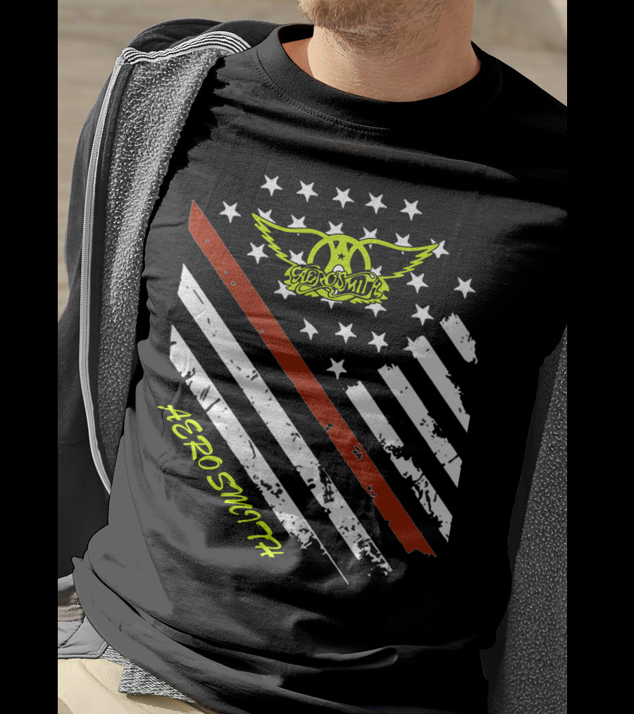 Aerosmith Logo With American Flag And Guitar Stripe T-Shirt