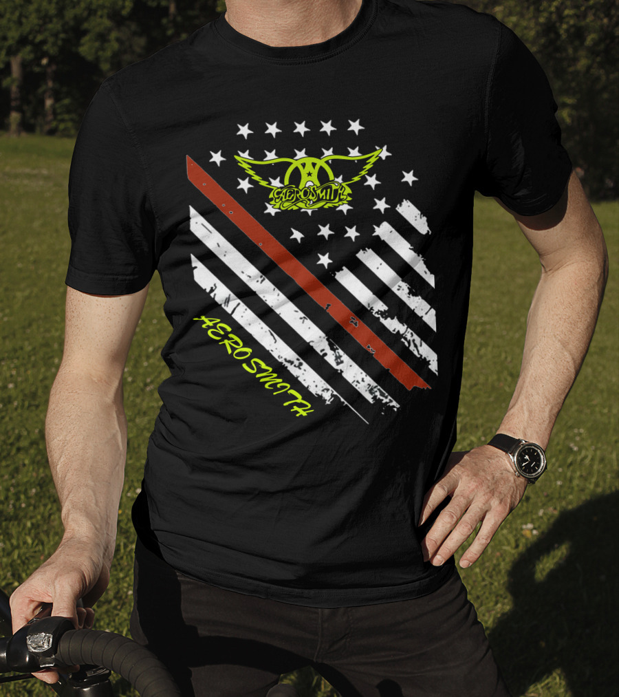 Aerosmith Logo With American Flag And Guitar Stripe T-Shirt