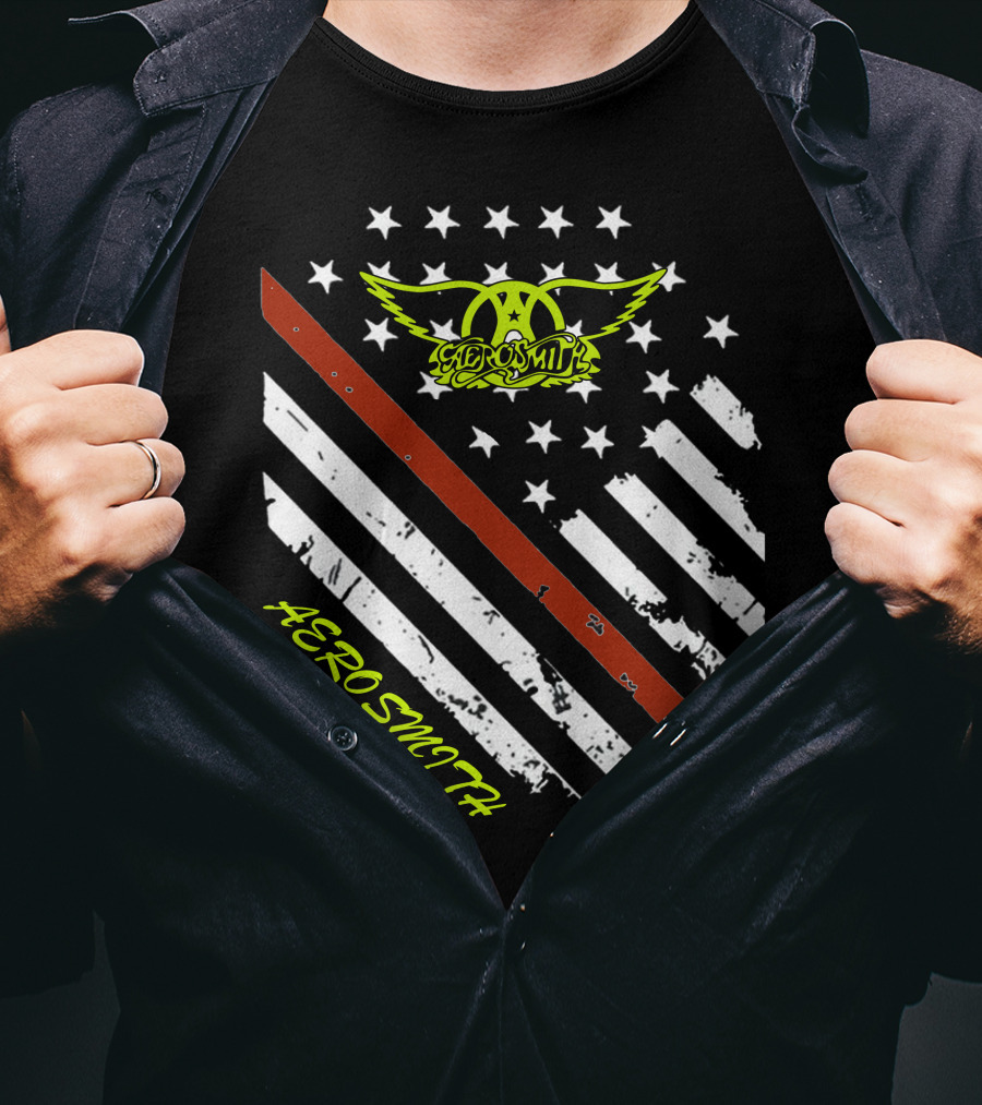Aerosmith Logo With American Flag And Guitar Stripe T-Shirt