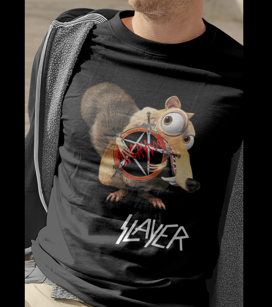 Scrat Holding Slayer Logo Pentagram Slayer T-Shirt