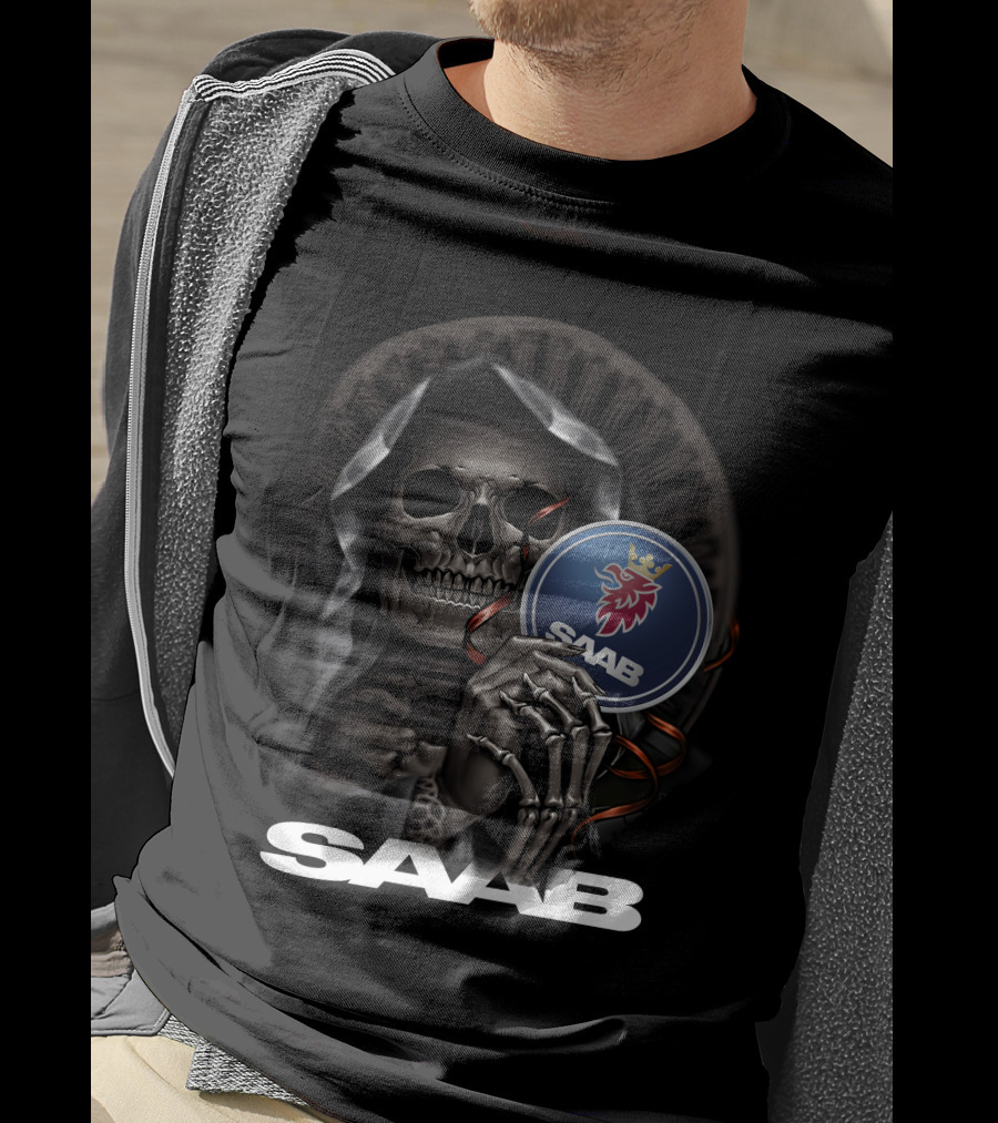 Saab Skull Holding Emblem With Hooded Figure And Crowned Griffin T-Shirt