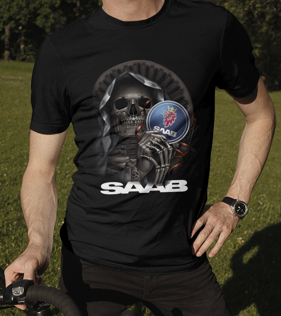 Saab Skull Holding Emblem With Hooded Figure And Crowned Griffin T-Shirt