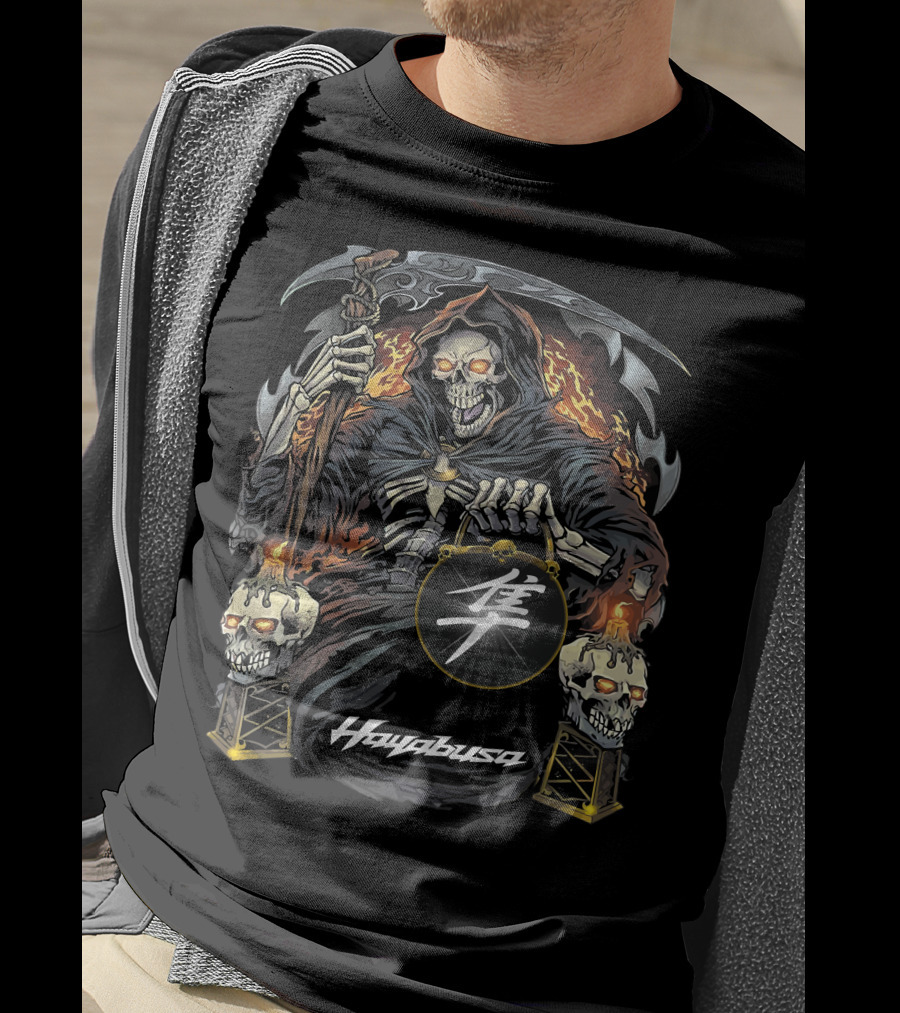 Hayabusa Grim Reaper With Fiery Skulls And Kanji Symbol T-Shirt