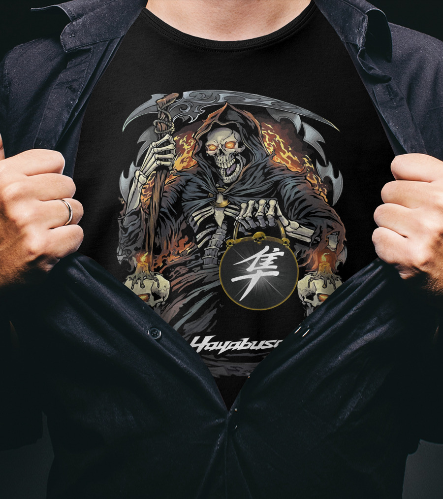Hayabusa Grim Reaper With Fiery Skulls And Kanji Symbol T-Shirt