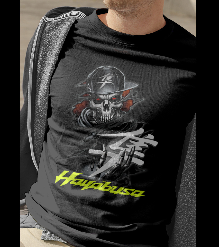 Hayabusa Skeleton In Cap With Kanji Symbol And Claws T-Shirt