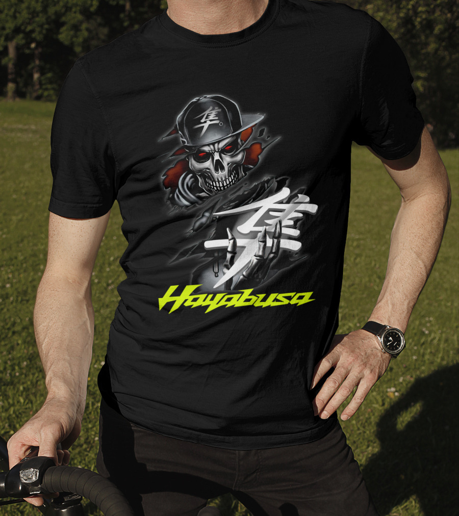 Hayabusa Skeleton In Cap With Kanji Symbol And Claws T-Shirt