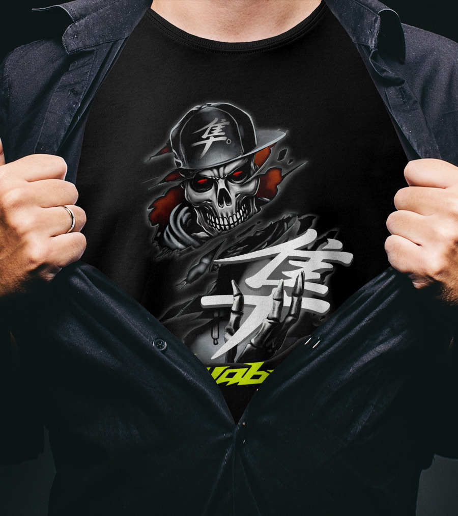 Hayabusa Skeleton In Cap With Kanji Symbol And Claws T-Shirt