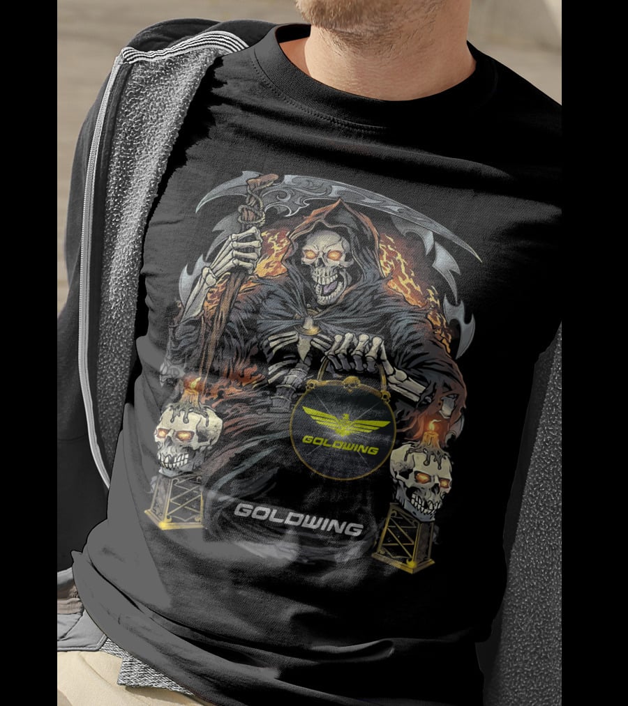 Goldwing Grim Reaper Holding Lantern With Flaming Skulls T-Shirt