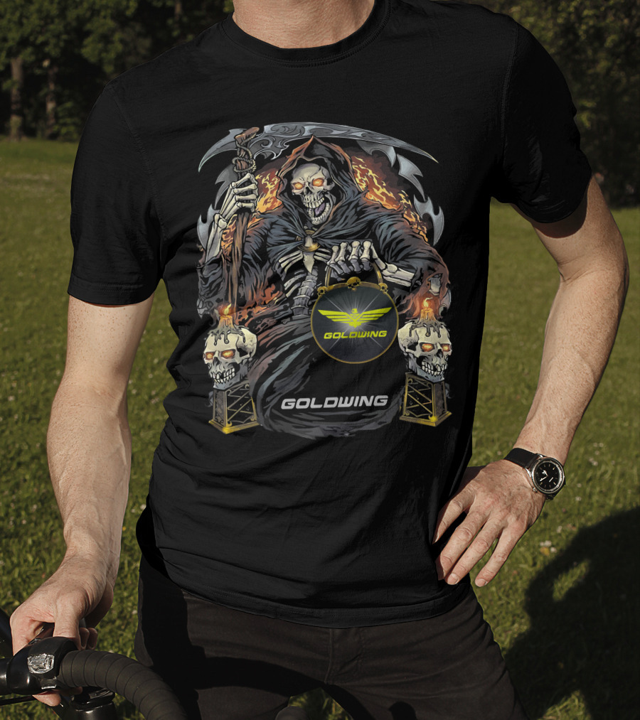Goldwing Grim Reaper Holding Lantern With Flaming Skulls T-Shirt