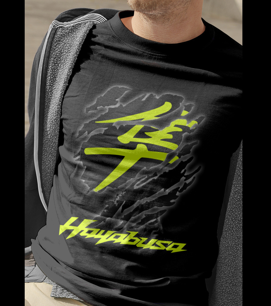 Hayabusa 07 Yellow Kanji Torn Black T-Shirt