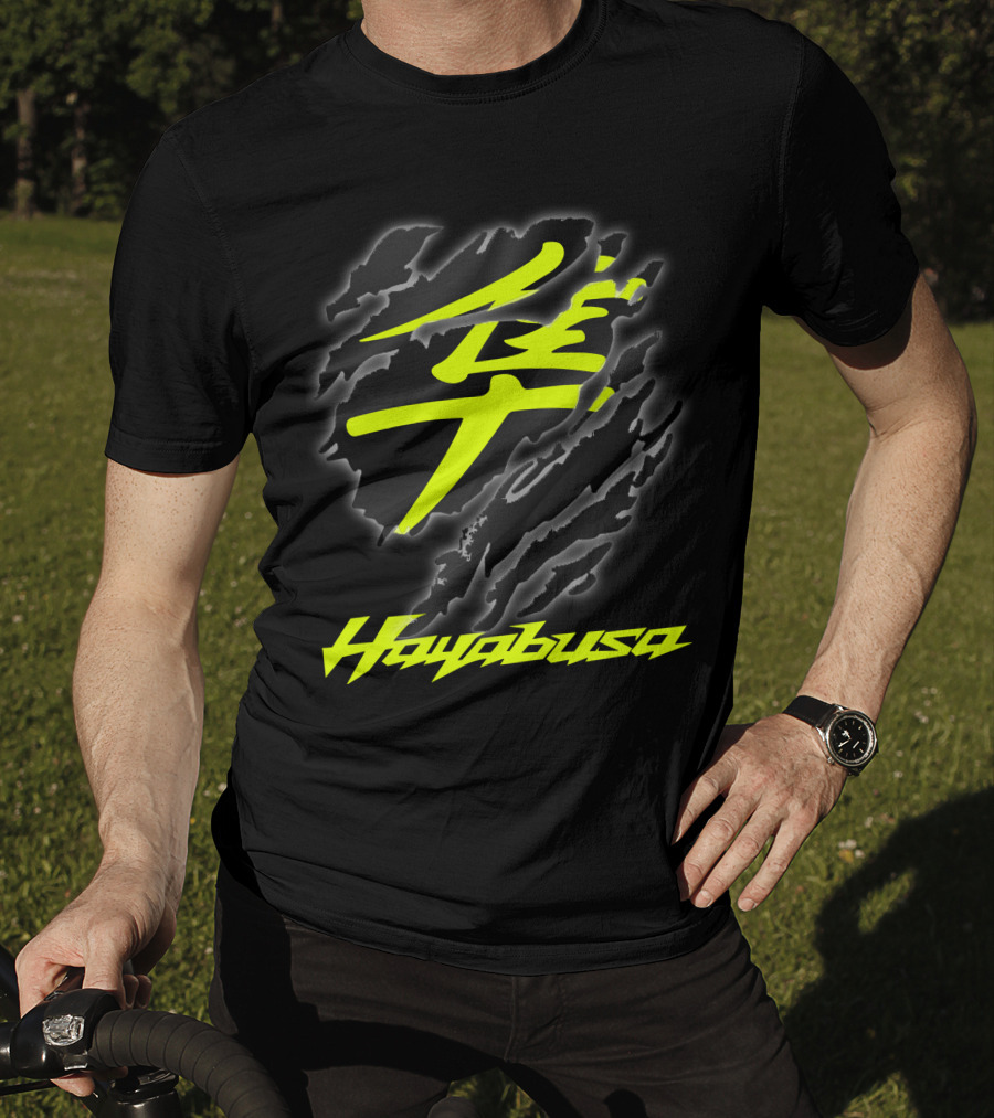 Hayabusa 07 Yellow Kanji Torn Black T-Shirt