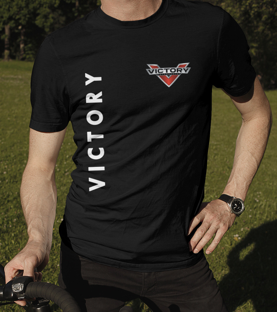 Victory Motorcycles Logo And Vertical Text Layout T-Shirt