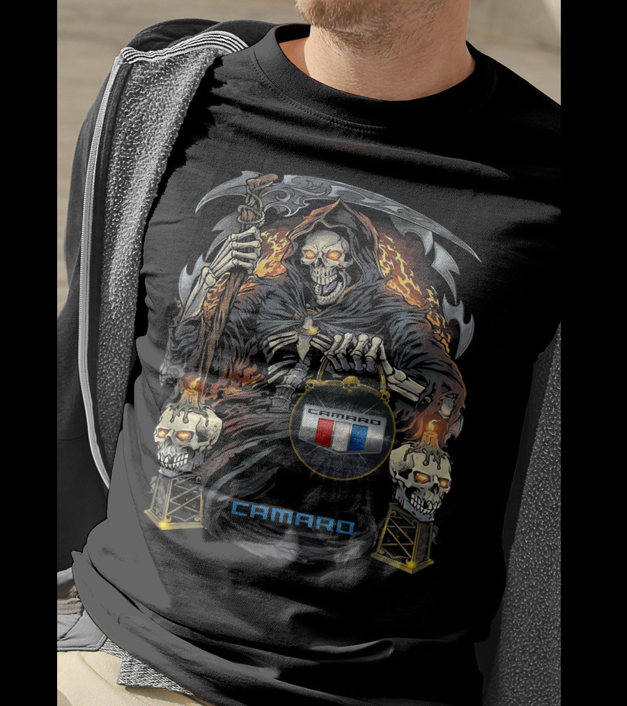 Camaro Flaming Reaper With Skull Torches T-Shirt