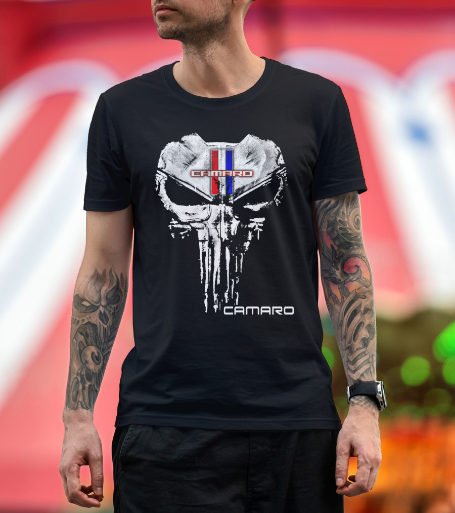 Camaro Punisher Skull Logo Red Blue Black T-Shirt