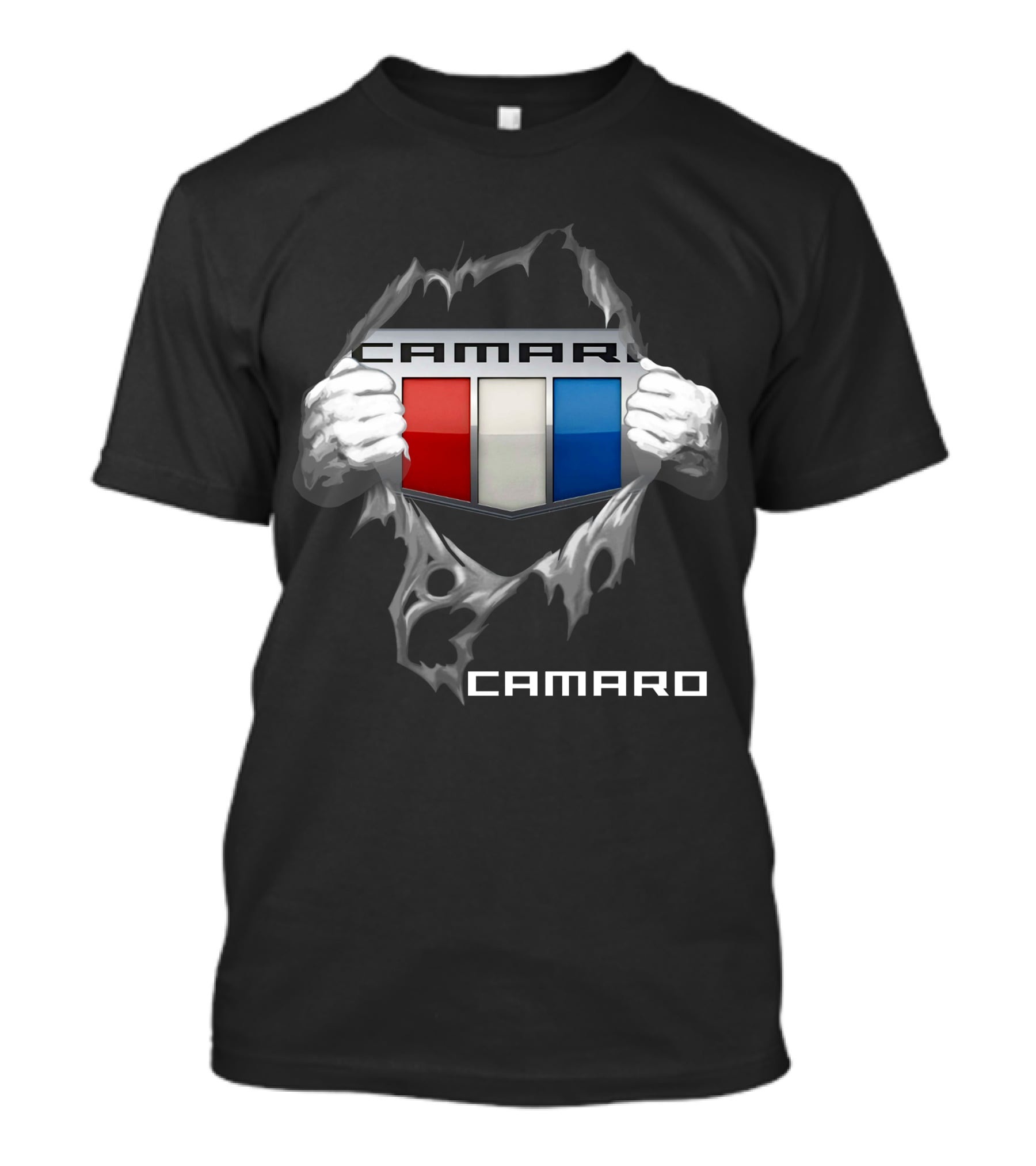 Camaro Emblem With Red White Blue Stripes And Ripped Skin Effect T-Shirt