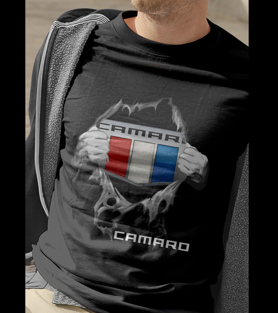 Camaro Emblem With Red White Blue Stripes And Ripped Skin Effect T-Shirt