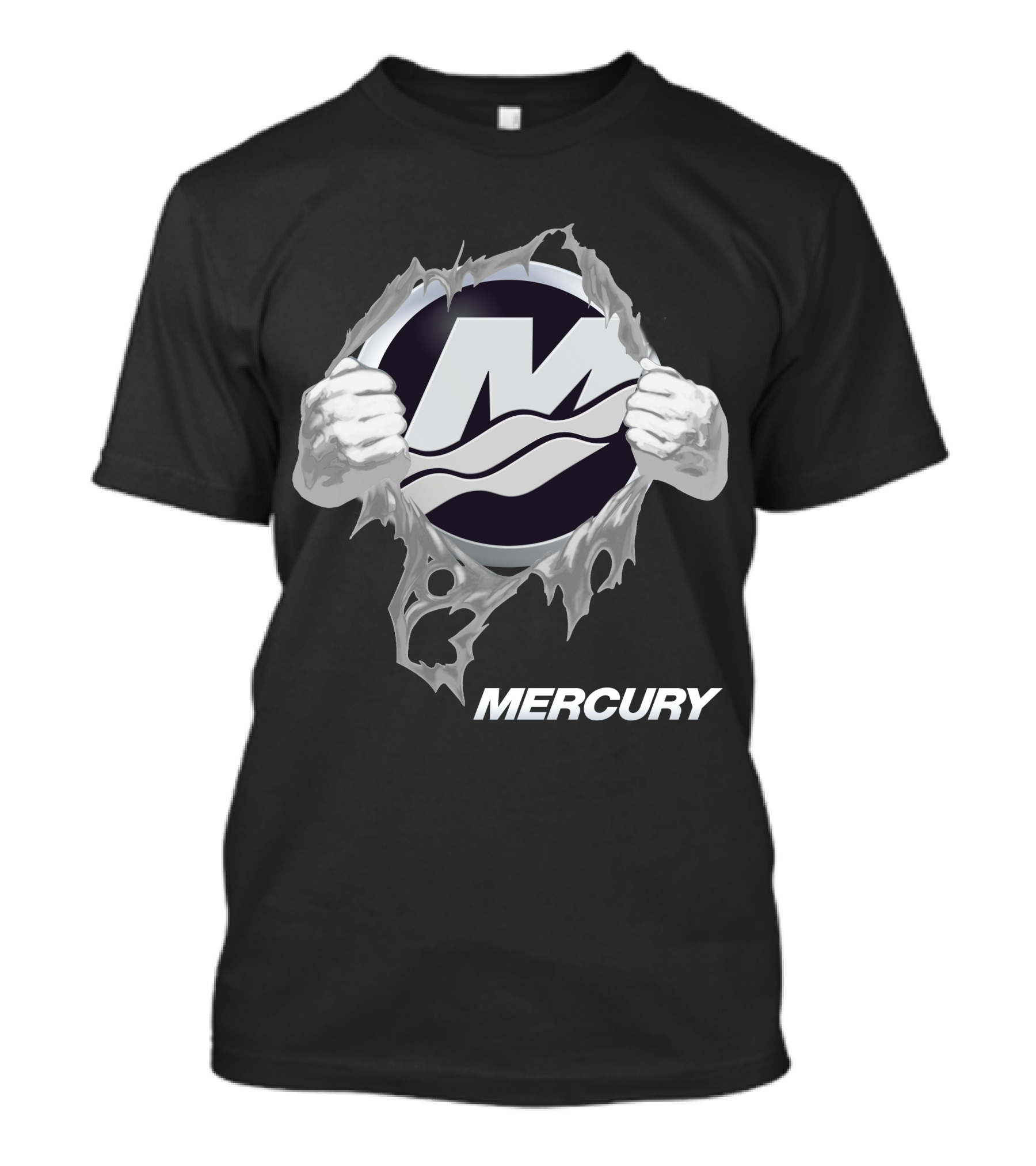 Mercury Boats Logo With Hands Ripping Through Black T-Shirt