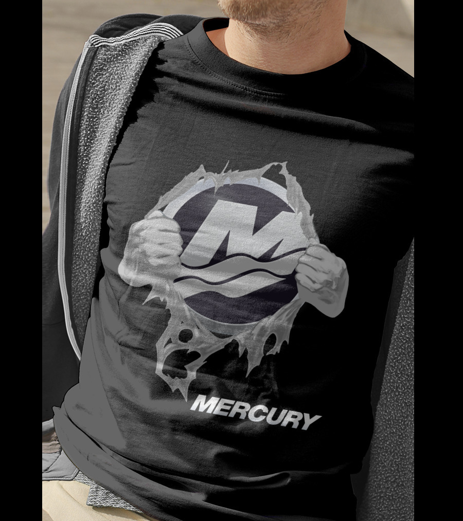 Mercury Boats Logo With Hands Ripping Through Black T-Shirt