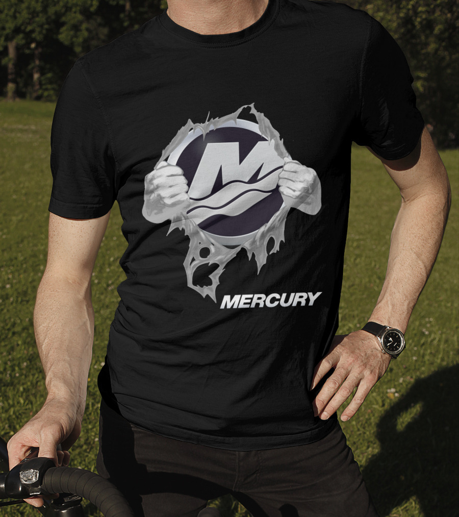 Mercury Boats Logo With Hands Ripping Through Black T-Shirt
