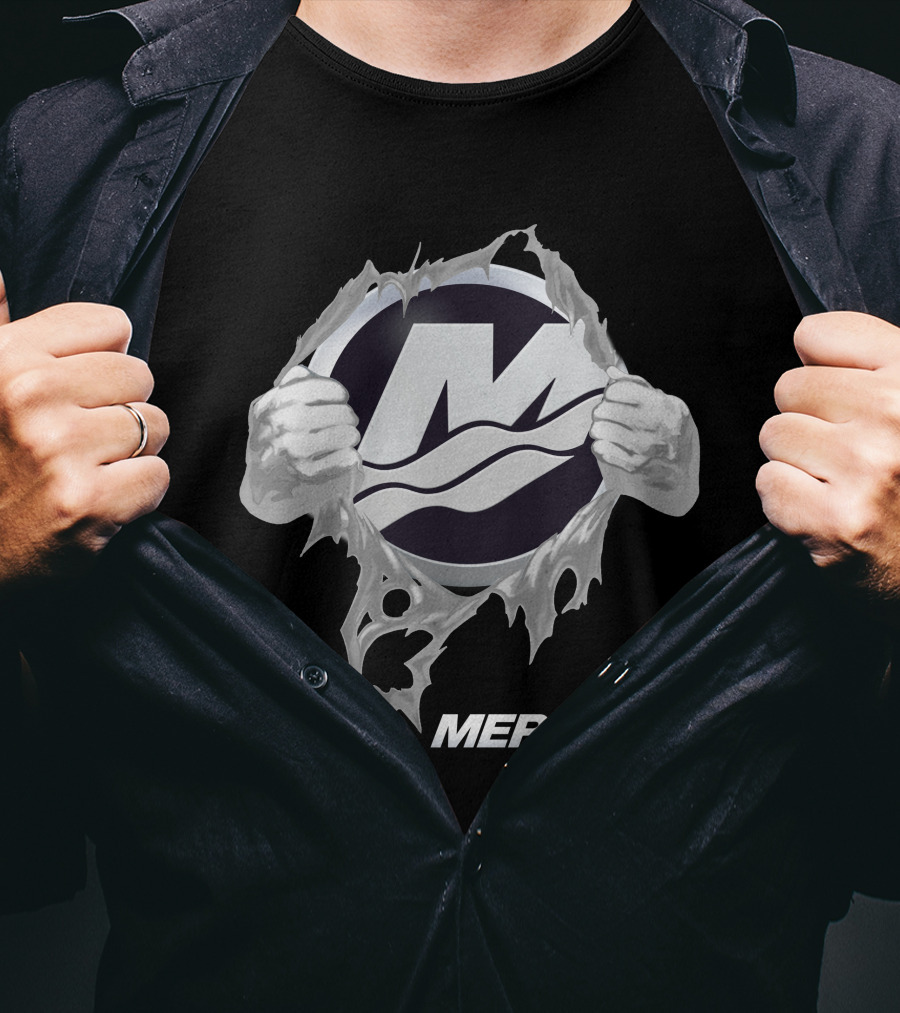 Mercury Boats Logo With Hands Ripping Through Black T-Shirt