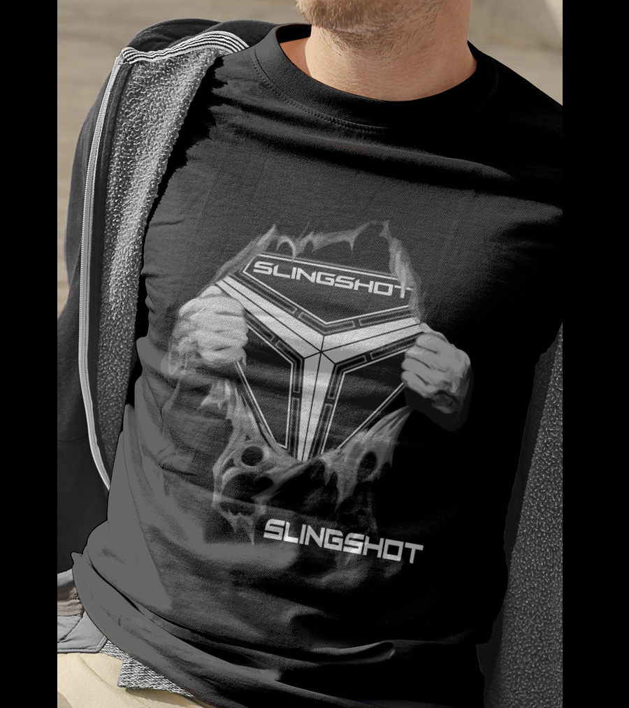 Slingshot Emblem With Hands Pulling Away Black T-Shirt