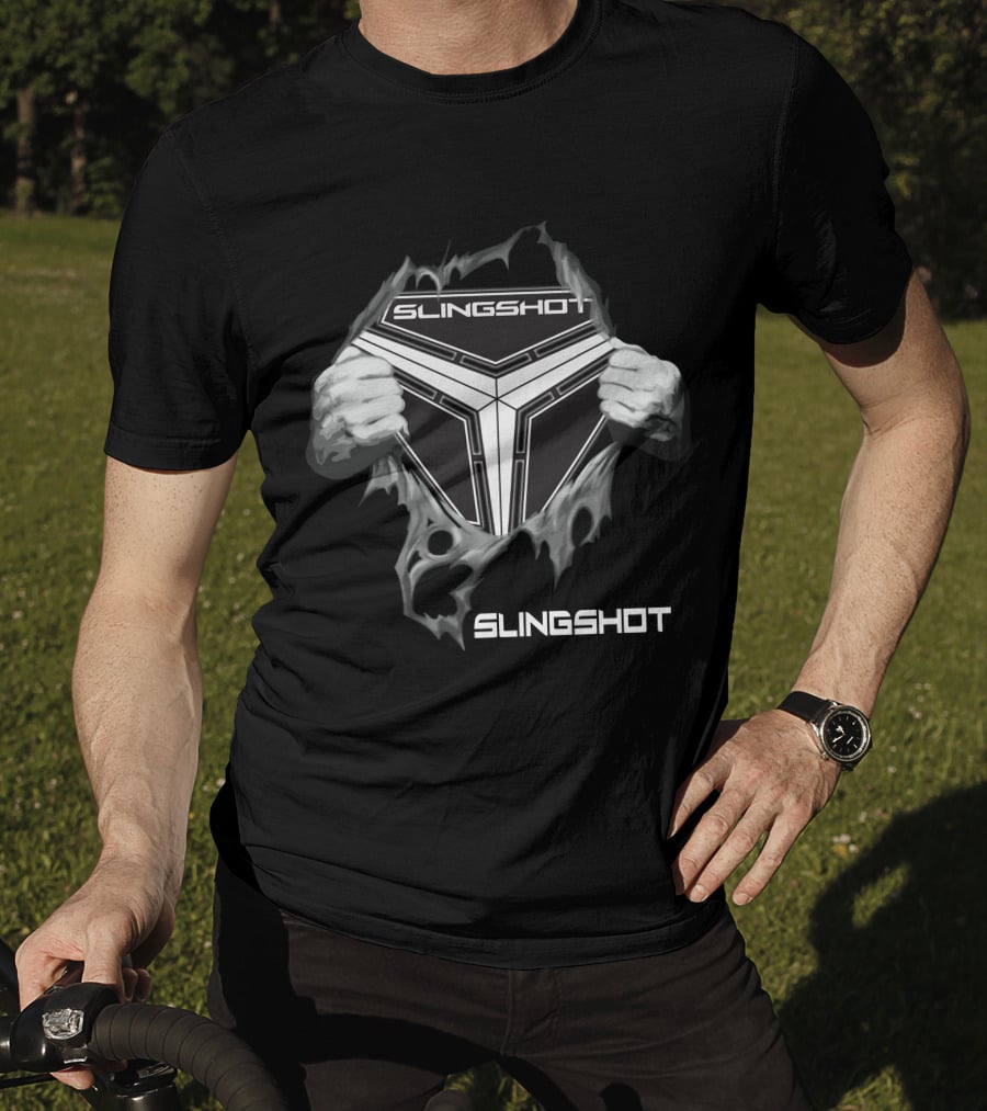 Slingshot Emblem With Hands Pulling Away Black T-Shirt
