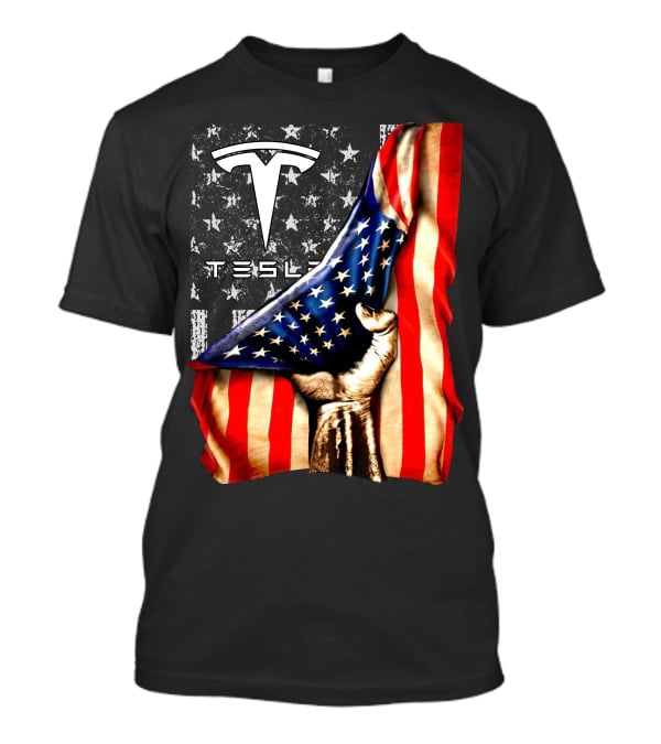 Tesla Logo American Flag Hand Folded Stars Stripes Vintage Style T-Shirt
