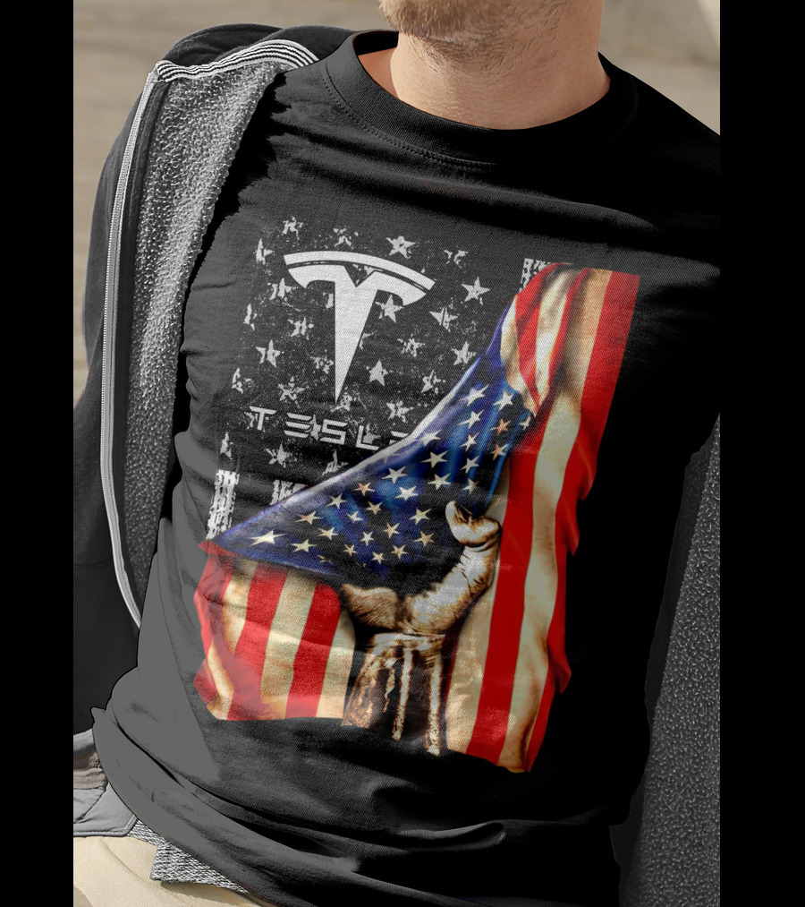 Tesla Logo American Flag Hand Folded Stars Stripes Vintage Style T-Shirt