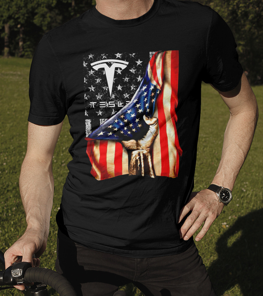 Tesla Logo American Flag Hand Folded Stars Stripes Vintage Style T-Shirt