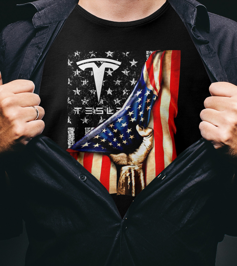 Tesla Logo American Flag Hand Folded Stars Stripes Vintage Style T-Shirt