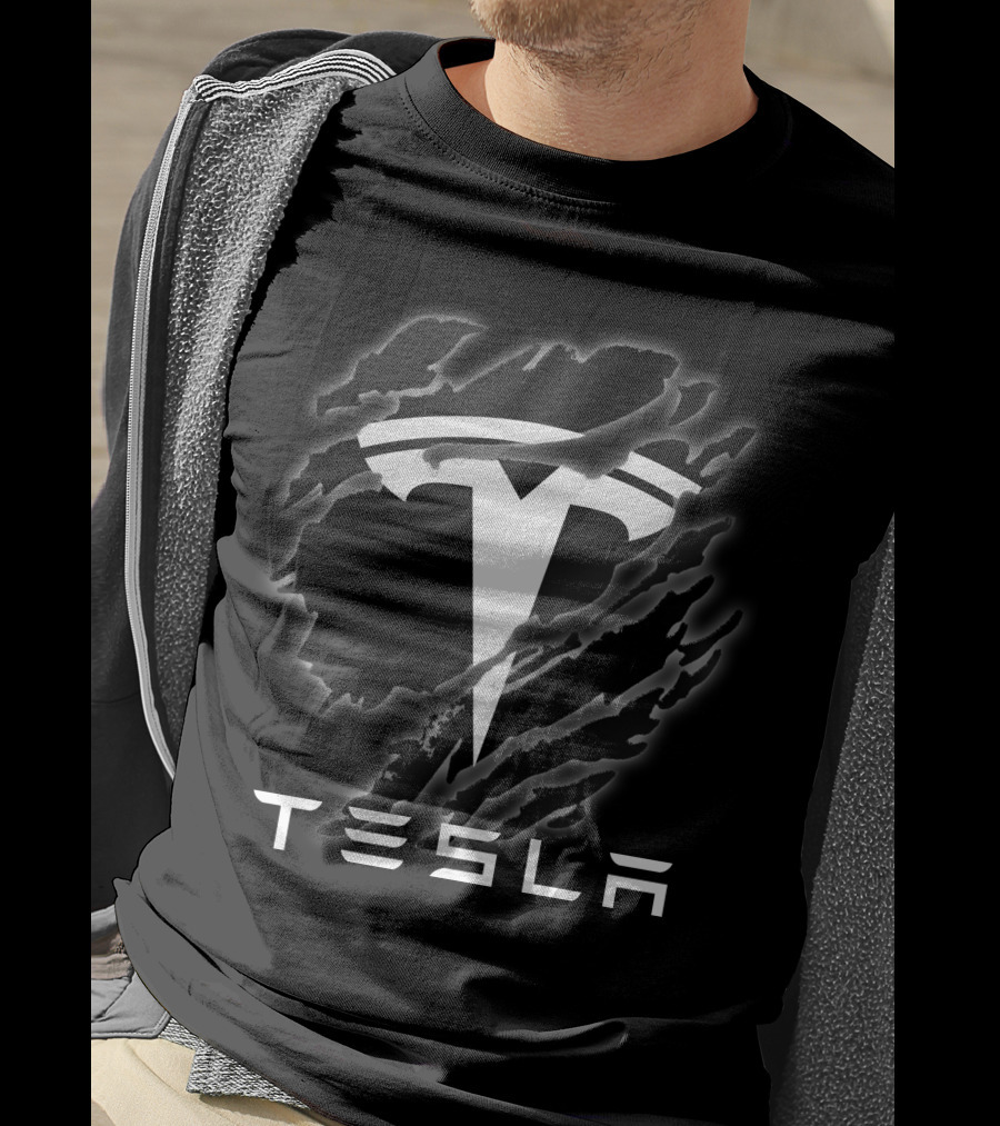 Tesla Logo With Ripped Design Effect In Black And White T-Shirt
