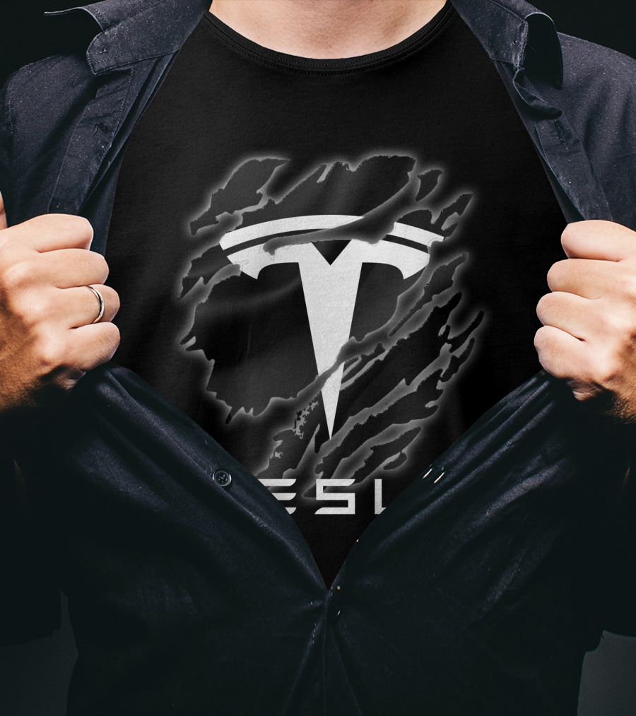 Tesla Logo With Ripped Design Effect In Black And White T-Shirt