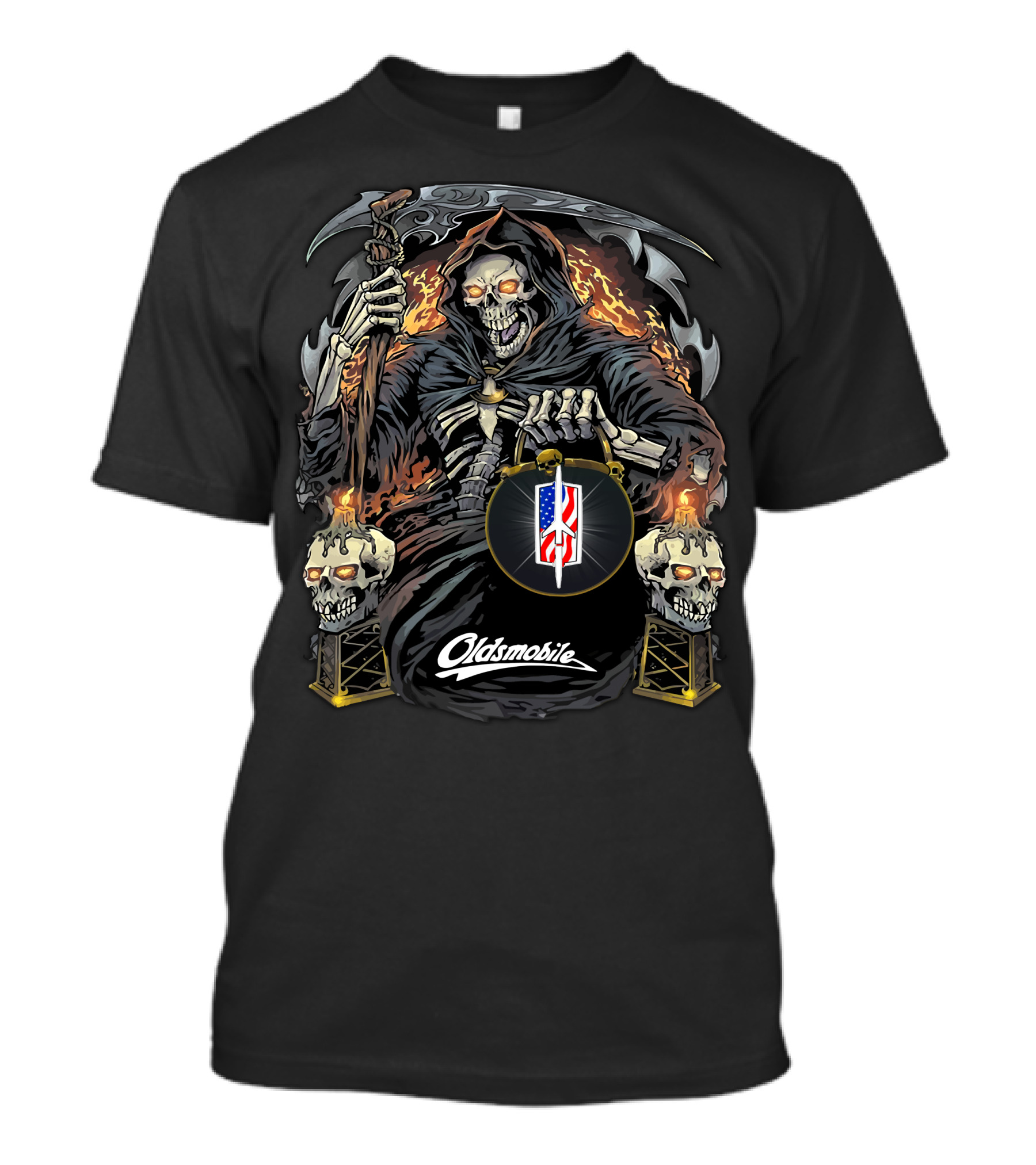 Oldsmobile Skull And Grim Reaper With Flaming American Flag T-Shirt