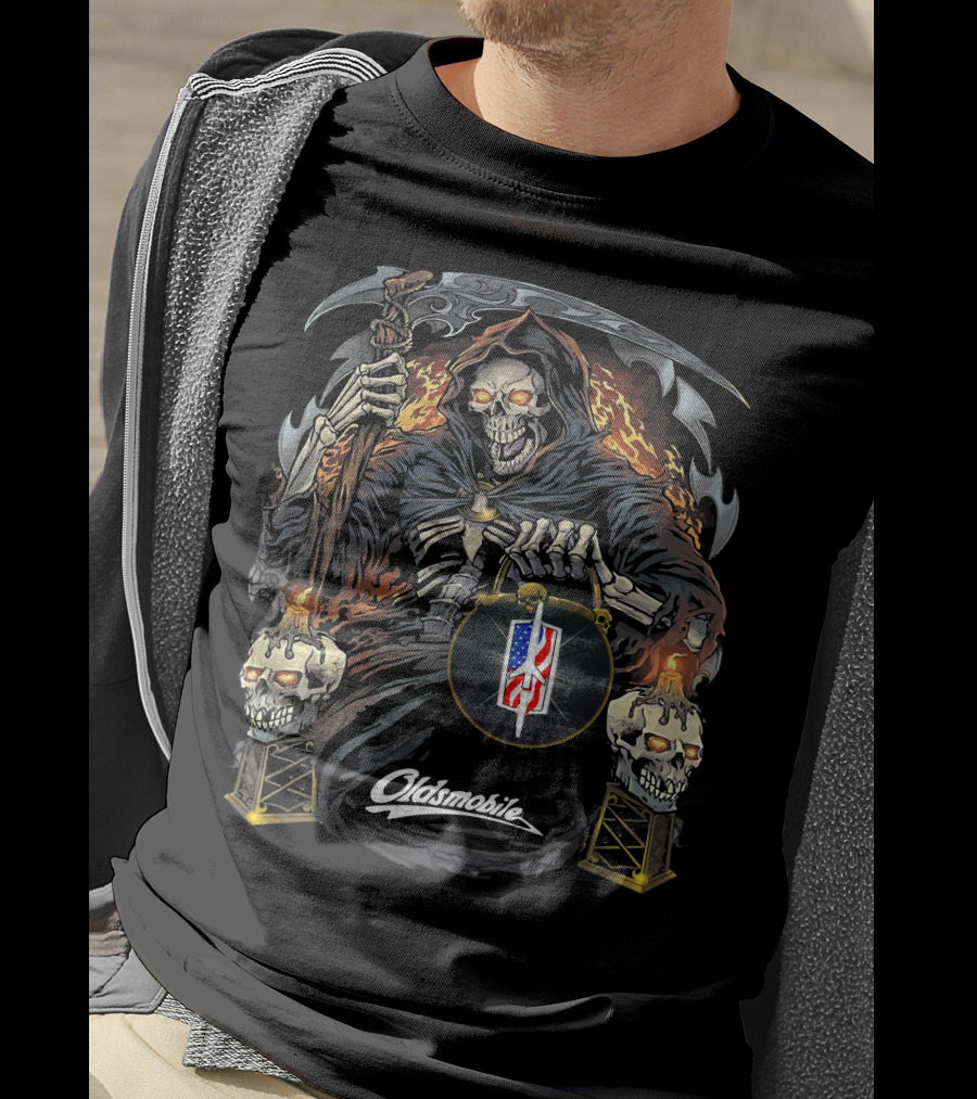 Oldsmobile Skull And Grim Reaper With Flaming American Flag T-Shirt